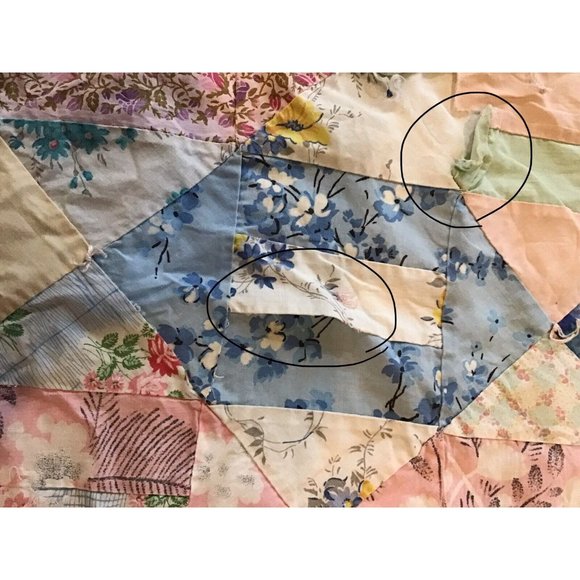 Vintage 5” Square Hand-sewn Quilt with Floral Back 67” X 77” - Picture 7 of 10